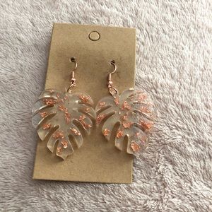 •Rose Gold Resin Monstera Earrings